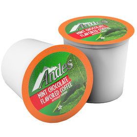 Andes Mints coffee pod in cup with steam, suggesting a smooth mint chocolate coffee.