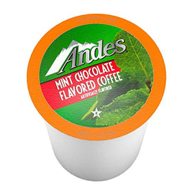 Andes Mints coffee pod packaging label close-up, emphasizing Keurig compatibility.