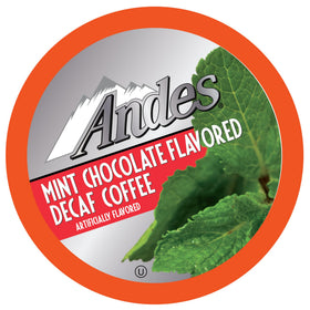 Andes Mints Decaf Coffee Pods close-up showing rich chocolate mint aroma for a smooth flavor.
