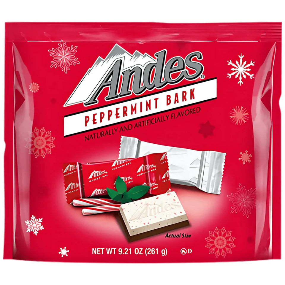 Andes Peppermint Bark 9.2oz bag featuring white chocolate and peppermint, ideal for gifting or festive snacking