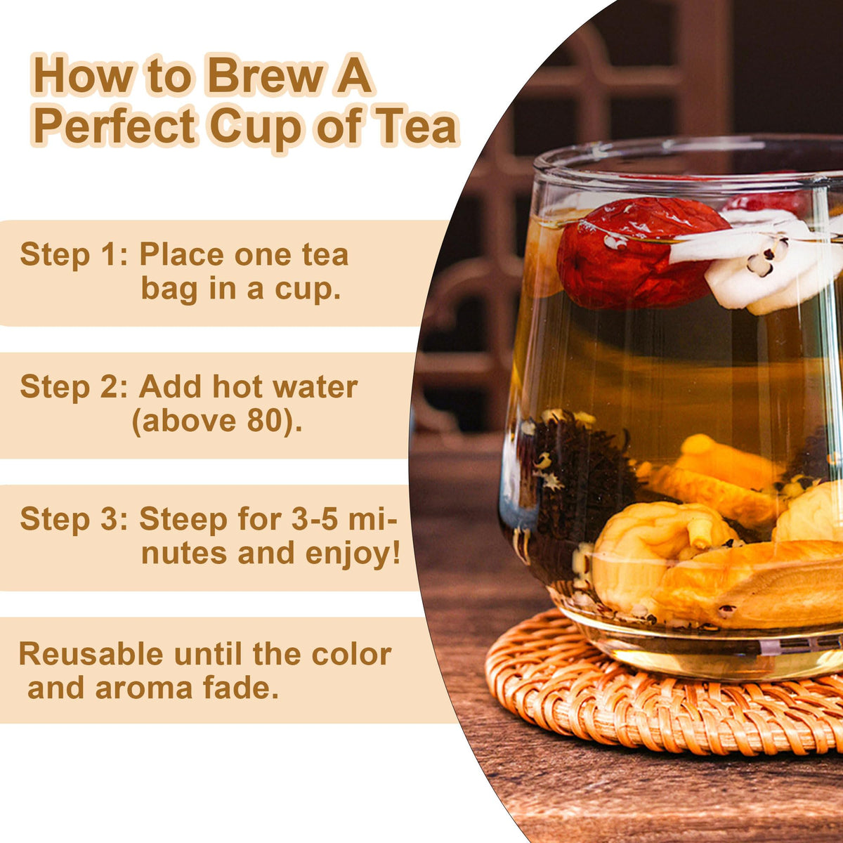 Steaming cup of Andonisus Ginseng Mulberry Tea inviting a calm moment.