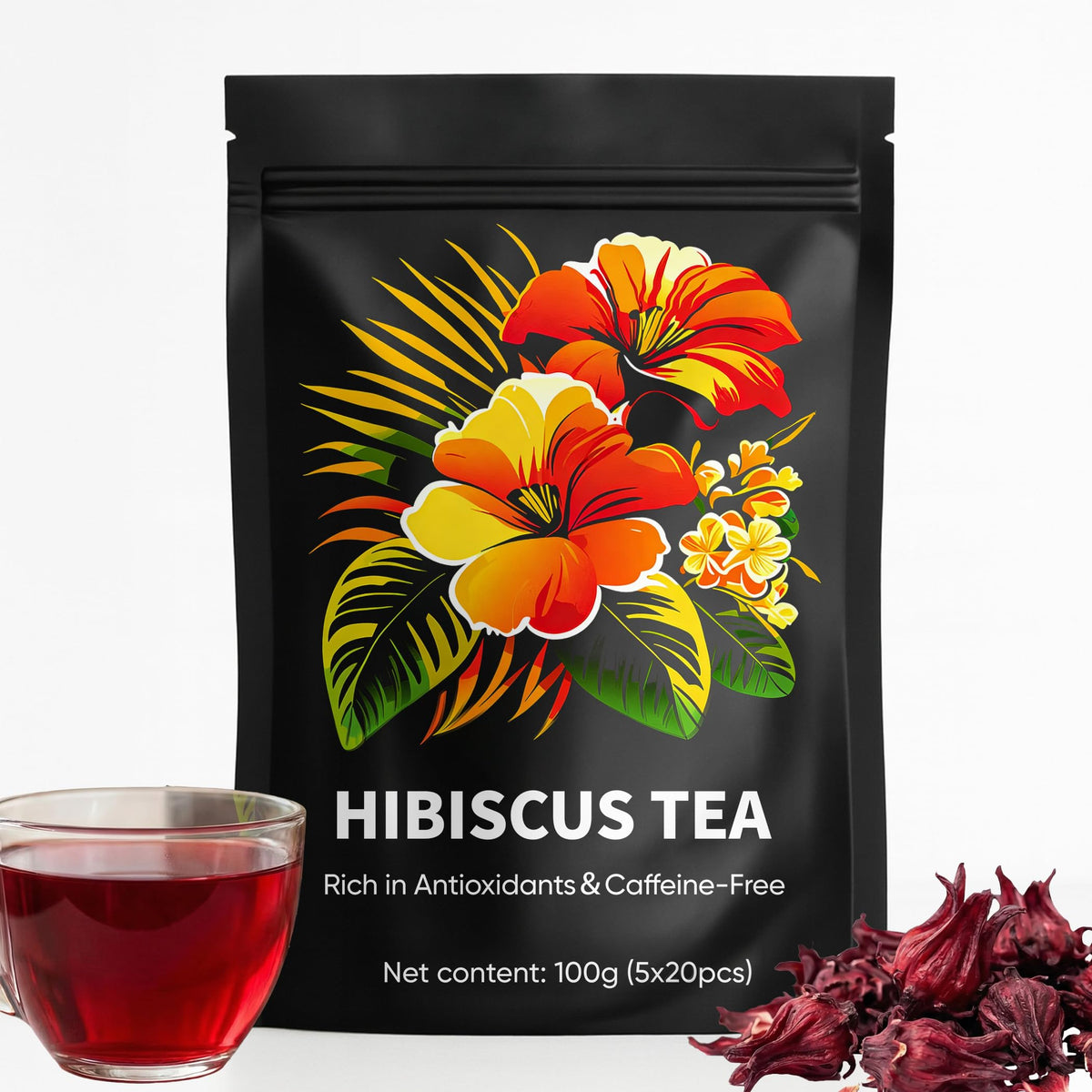Andonisus Hibiscus Tea Organic bags arranged for a soothing daily ritual.