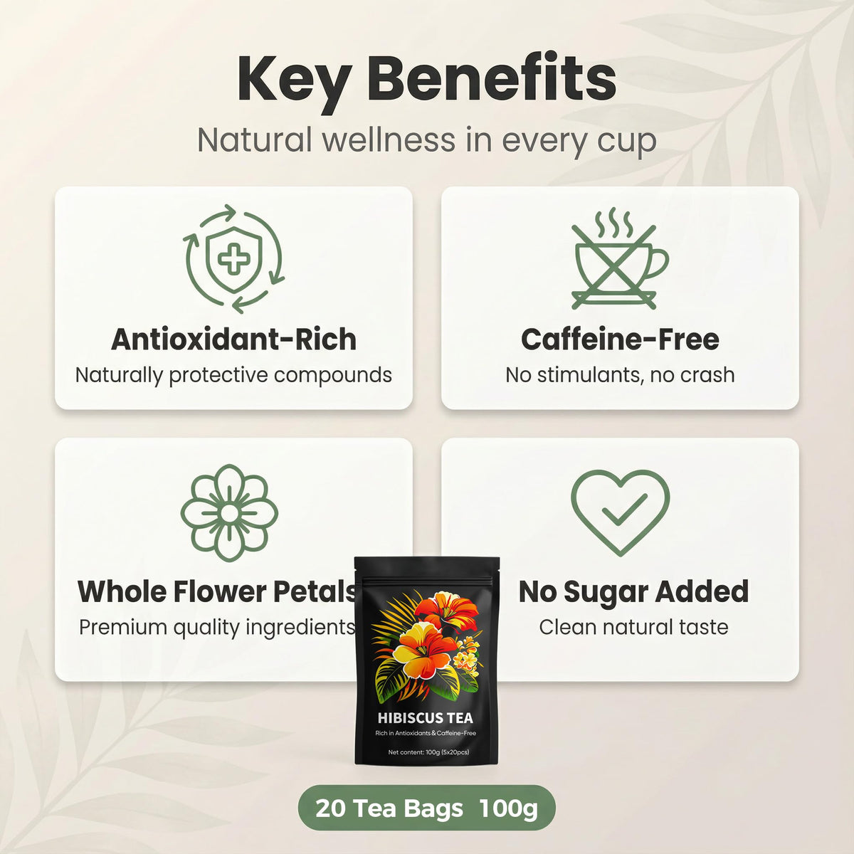 Andonisus Hibiscus Tea packaging front highlighting organic, antioxidant-rich blend.