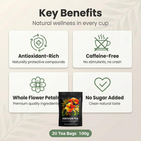 Andonisus Hibiscus Tea packaging front highlighting organic, antioxidant-rich blend.