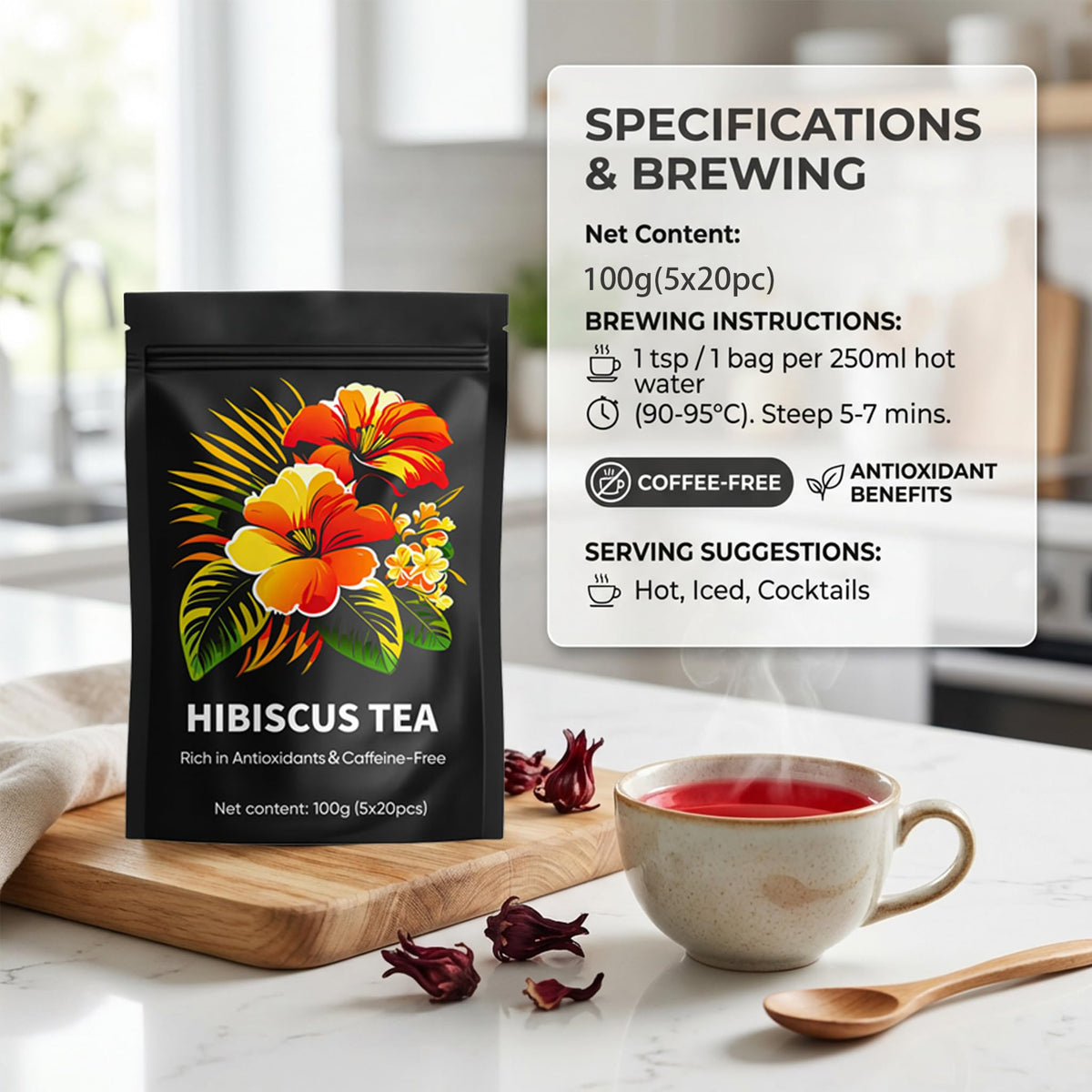 Andonisus Hibiscus Tea ready to brew in a teacup.