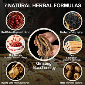 Andonisus ingredients blend including ginseng, wolfberry, and mulberry for a fragrant infusion.