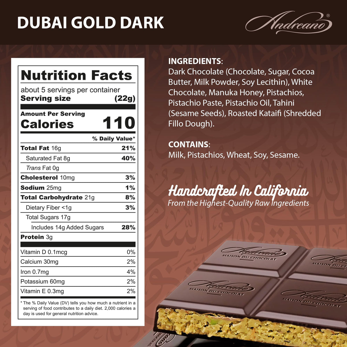 Andreano Dubai Gold kunafa-crisp bar delivers a unique texture and indulgent sweetness.