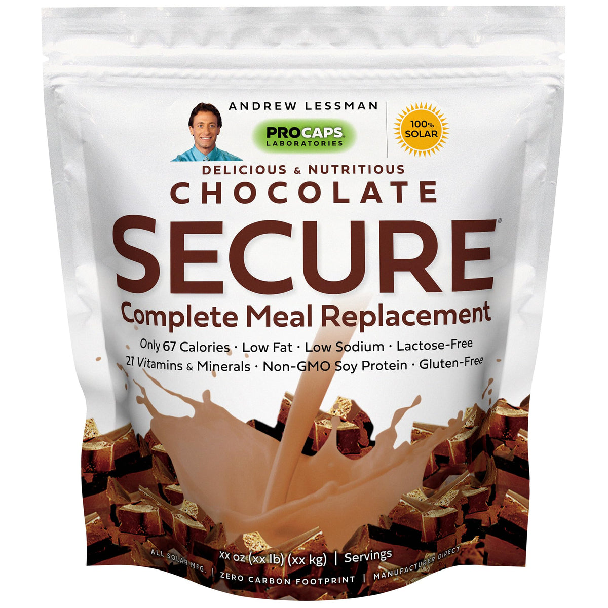 Andrew Lessman Secure Soy Complete Chocolate powder tub highlights 7 g protein per serving for weight conscious routines