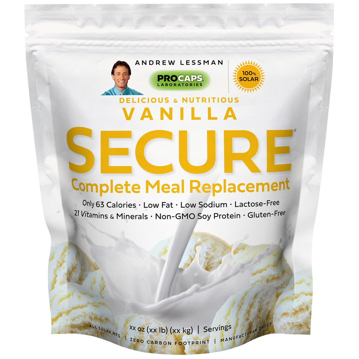 Andrew Lessman Secure Soy Complete Vanilla shake in glass, low-calorie meal replacement