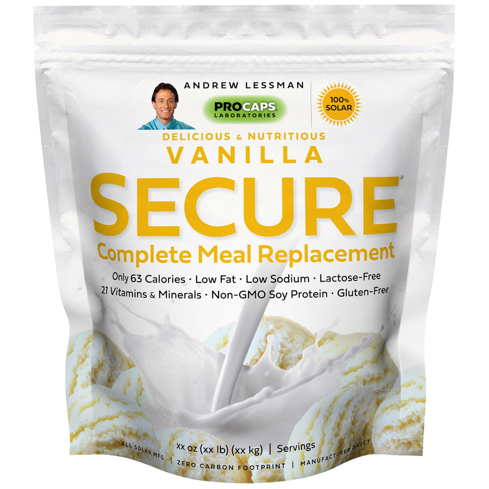 Andrew Lessman Secure Soy Complete Vanilla shake in glass, low-calorie meal replacement
