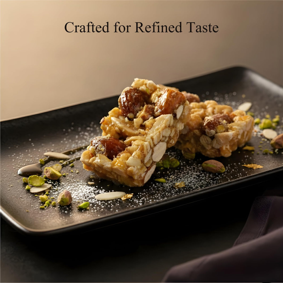 Andy Anand brittle label emphasizing all-natural, no preservatives for clean indulgence