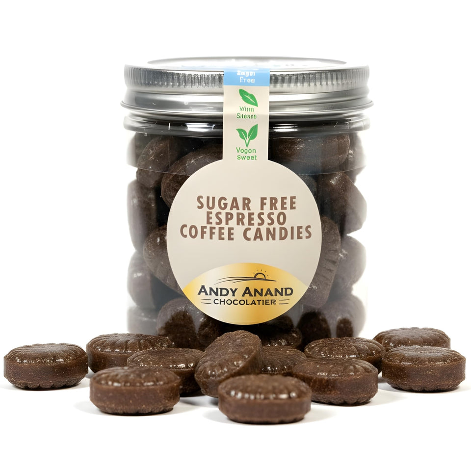 Andy Anand Chocolatier espresso hard candy jar highlights sugar-free indulgence for coffee lovers.