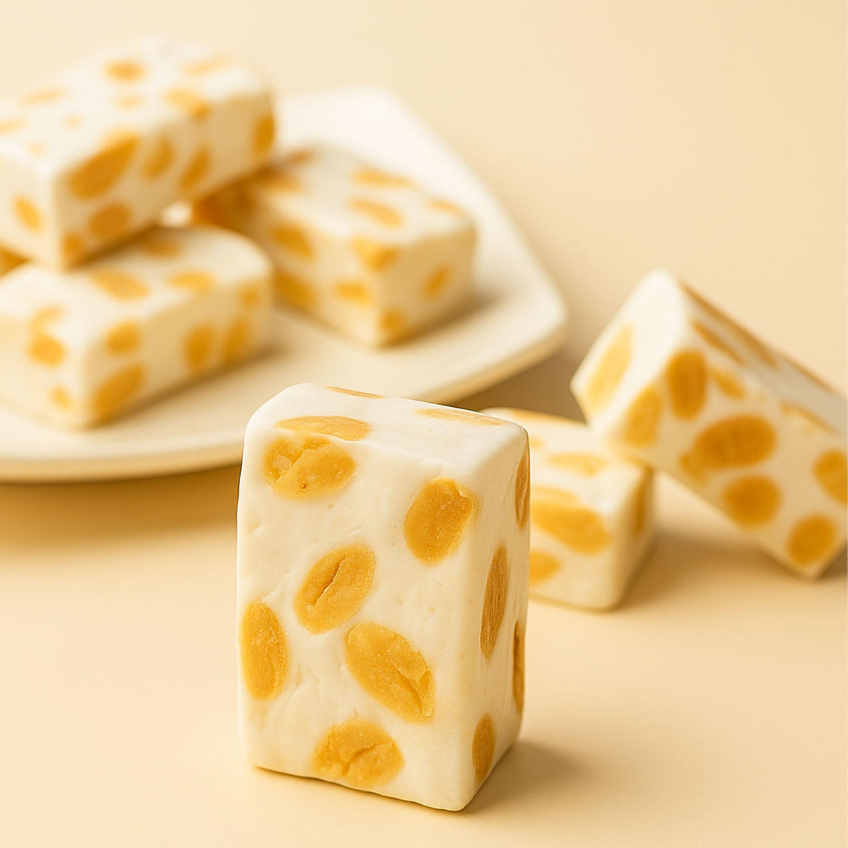 Andy Anand Chocolatier close-up of Italian torrone morbido texture, showcasing soft chew.