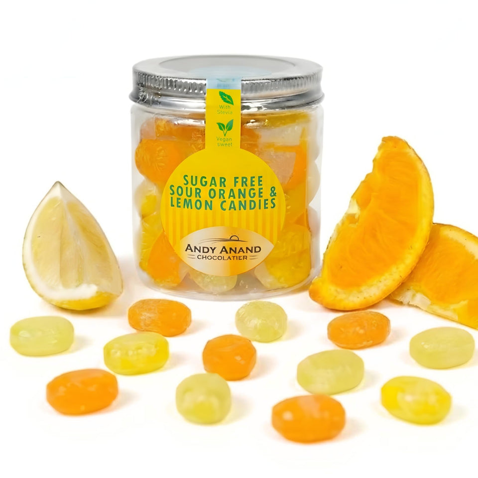 Andy Anand Chocolatier orange-lemon drops in pack, sugar-free and gluten-free snack.