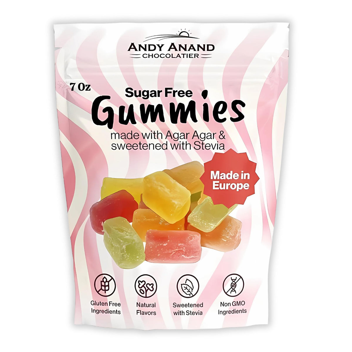 ANDY ANAND Chocolatier sugar-free gummies in a resealable jar for guilt-free indulgence.