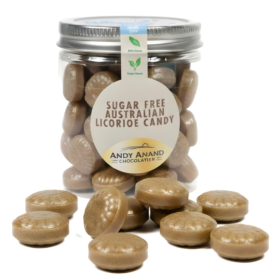 Andy Anand Chocolatier sugarfree Australian licorice twist pack ideal for on-the-go snacking.