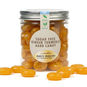 Andy Anand sugar-free ginger turmeric candy packaging showcases premium zero sugar indulgence.