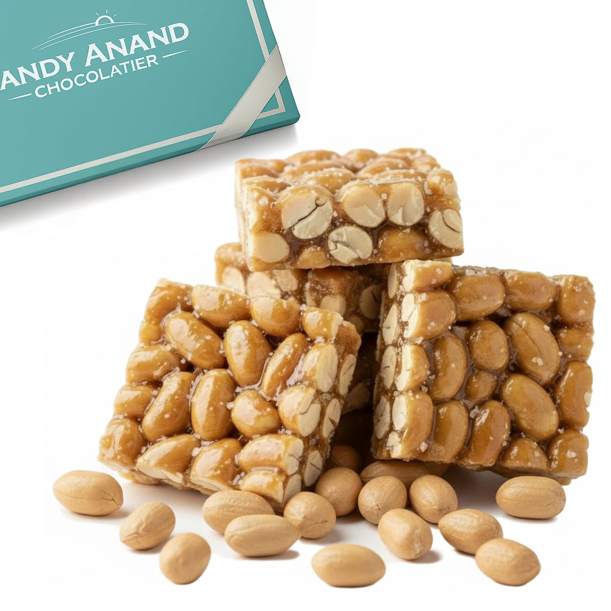 Andy Anand Chocolatier sugar-free peanut brittle box showcases elegant packaging and gift-ready appeal