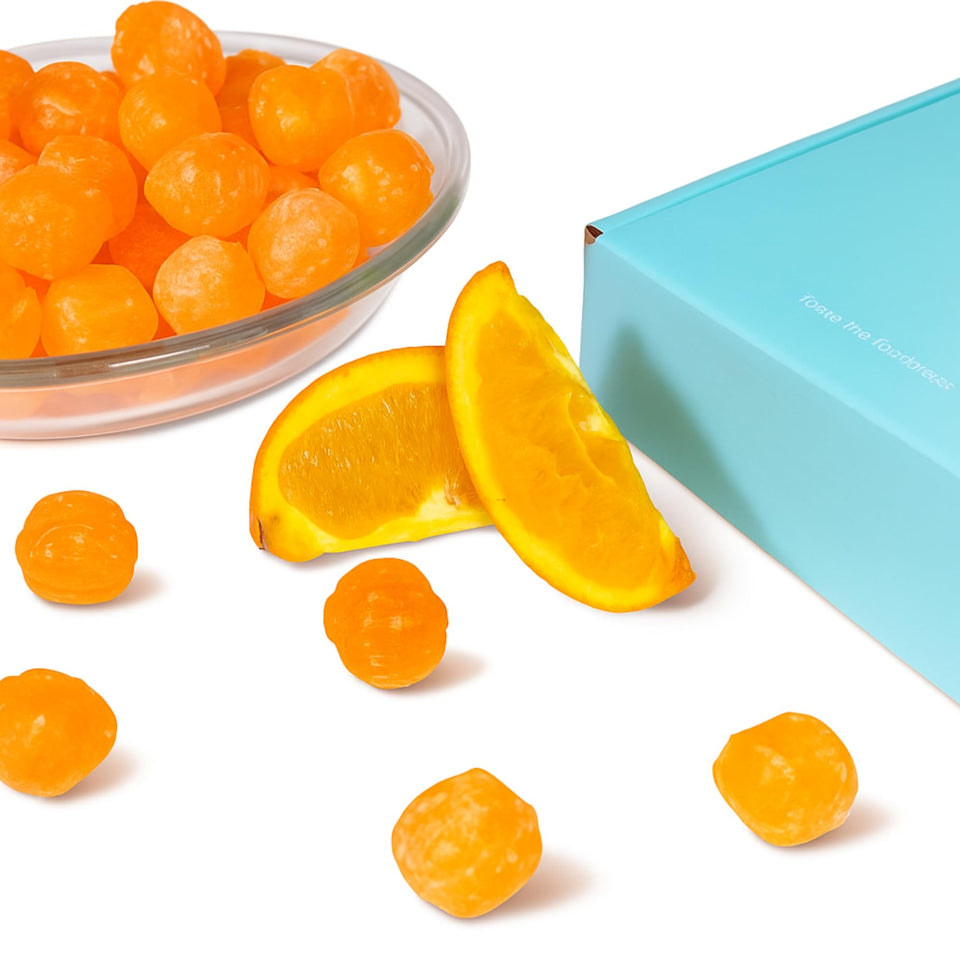Andy Anand Sour Orange hard candy in copper kettle brings premium sugar-free indulgence.