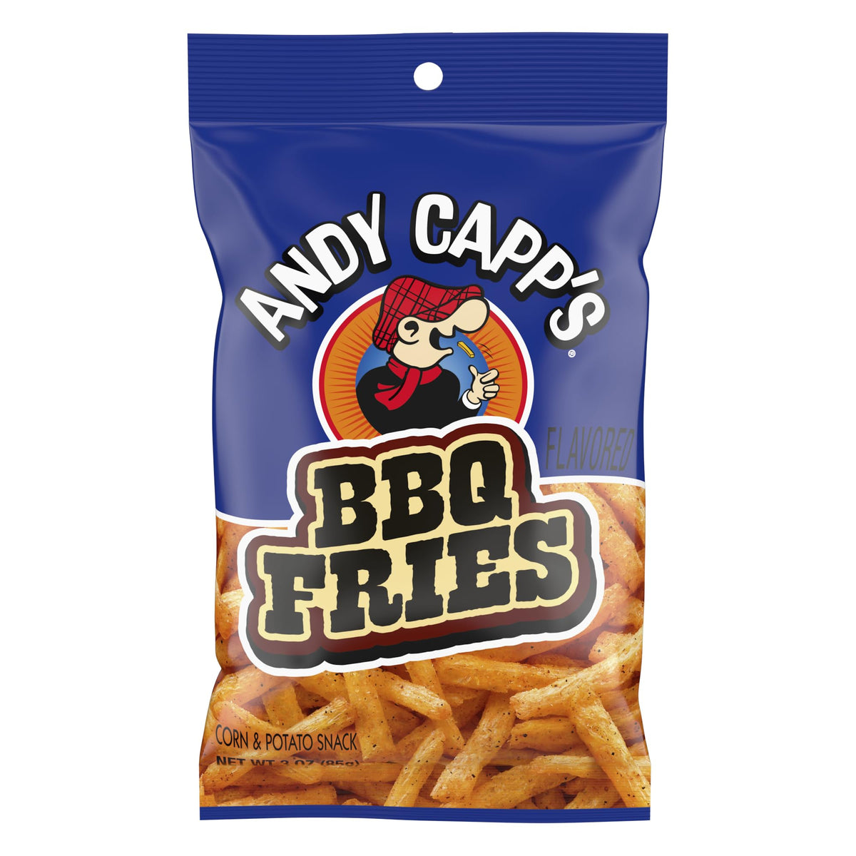 Andy Capp's BBQ Fries bag closeup highlighting crispy texture for quick snacking