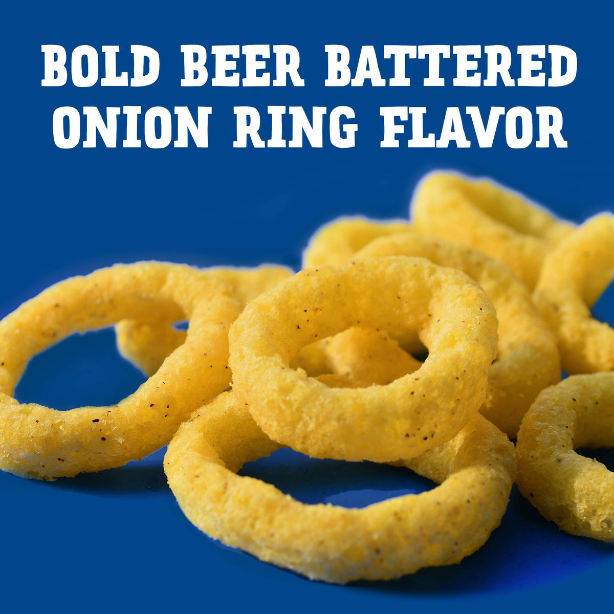 Andy Capp's beer battered onion rings chip closeup, savory baked crunch ideal for dipping.