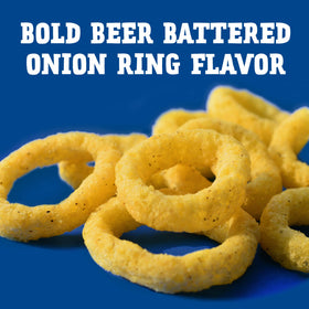 Andy Capp's beer battered onion rings chip closeup, savory baked crunch ideal for dipping.