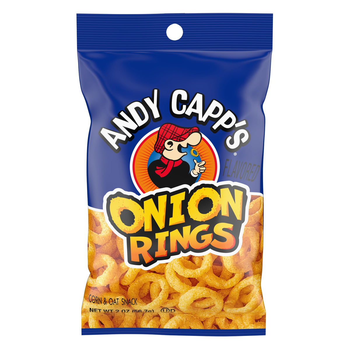 Andy Capp's beer battered onion rings front-pack, convenient baked snack for anytime snacking.