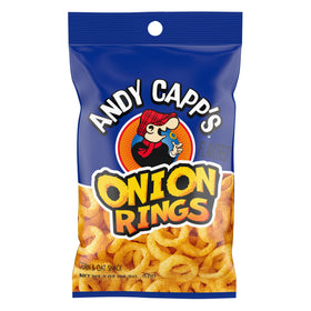 Andy Capp's beer battered onion rings front-pack, convenient baked snack for anytime snacking.