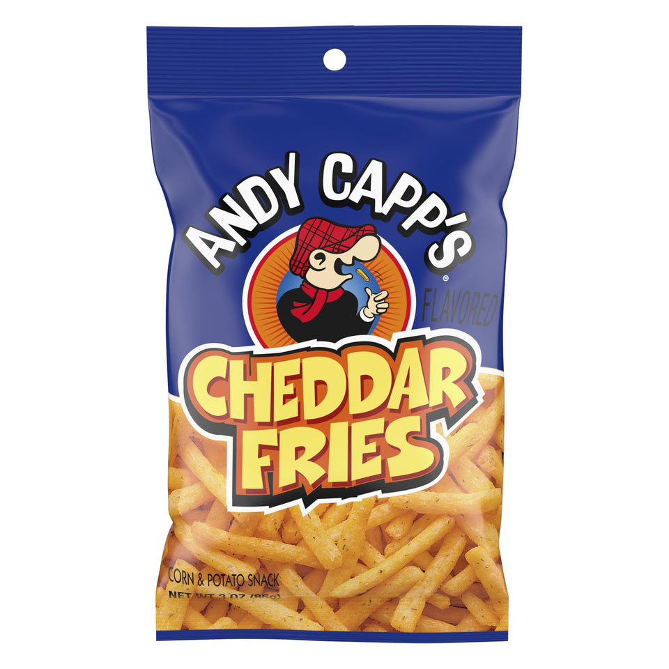 Andy Capp's Cheddar Fries Snacks pack front showcases bold cheddar flavor for on-the-go snacking.