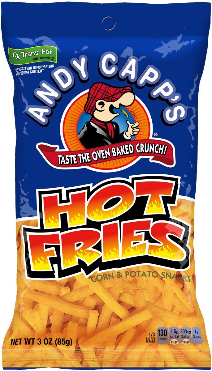 Andy Capp's Hot Fries bag highlighting oven-baked crunch and bold flavor.