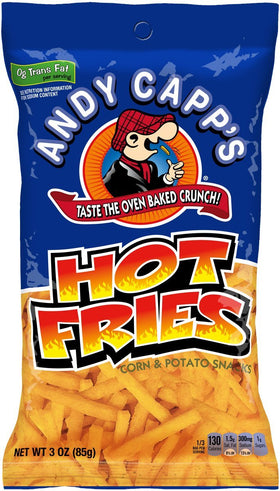 Andy Capp's Hot Fries bag highlighting oven-baked crunch and bold flavor.