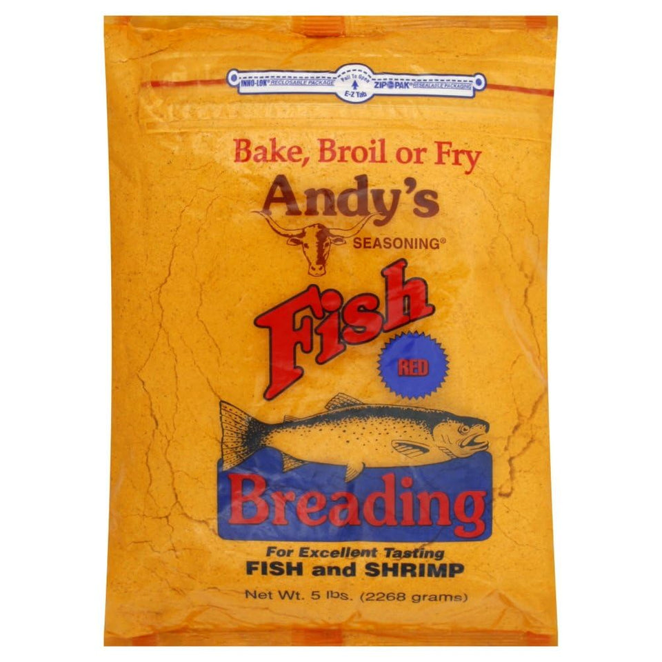 Andy's Red Fish Breading 5lb bag coats fish and shrimp for a crispy crust.
