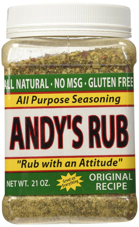 Andy's Rub balanced blend bottle boosts flavor with a low-salt profile