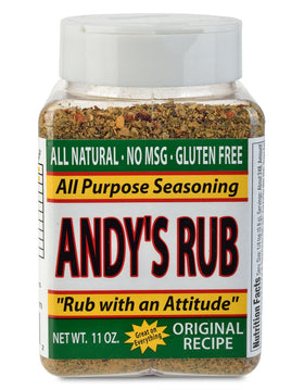 Andy's Rub bottle pour highlighting a bold, low-sodium flavor for everyday grilling.