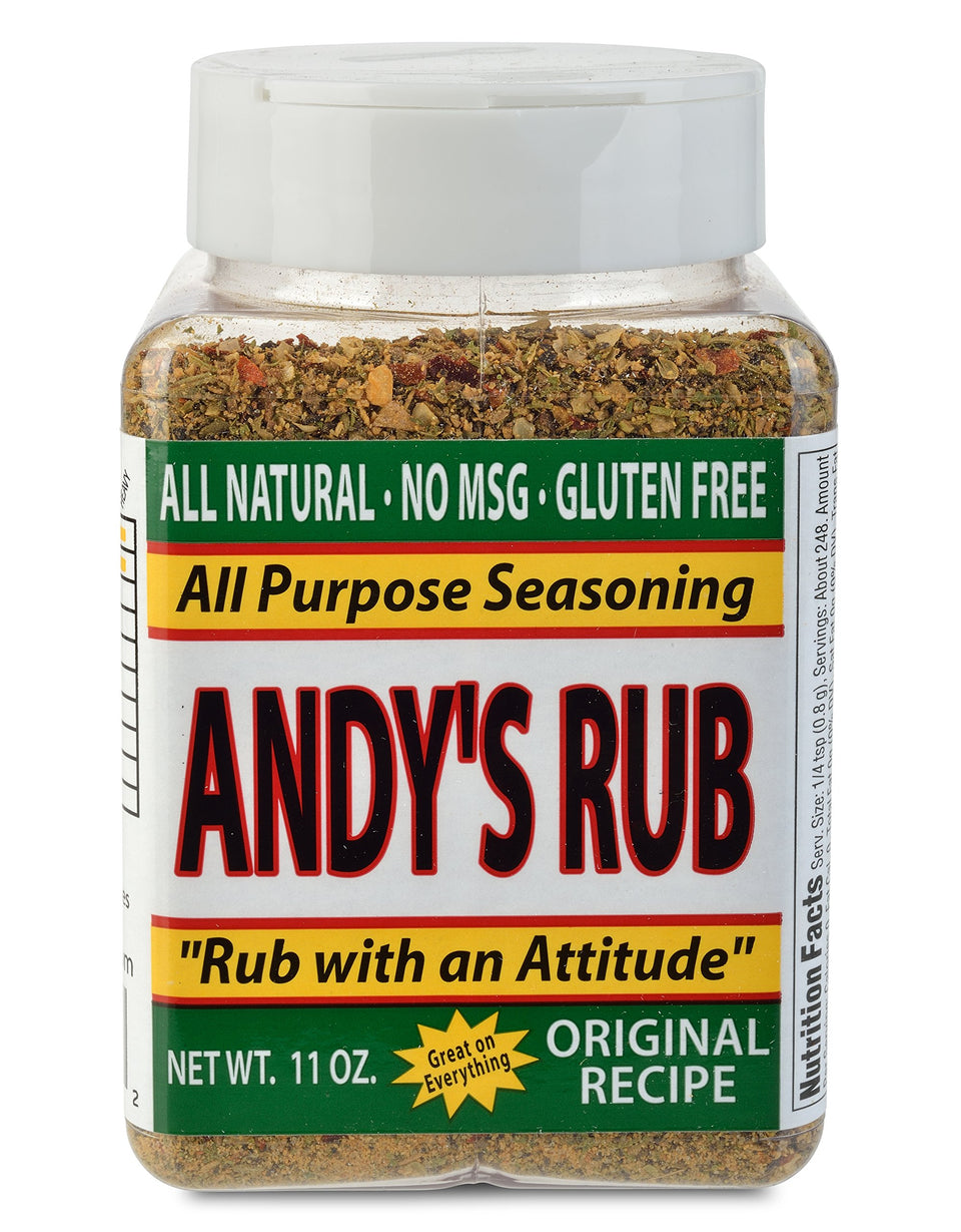 Andy's Rub bottle pour highlighting a bold, low-sodium flavor for everyday grilling.