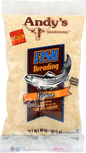Andy's Yellow Fish Breading bag 2-pack for quick, crispy coating on fish or shrimp.