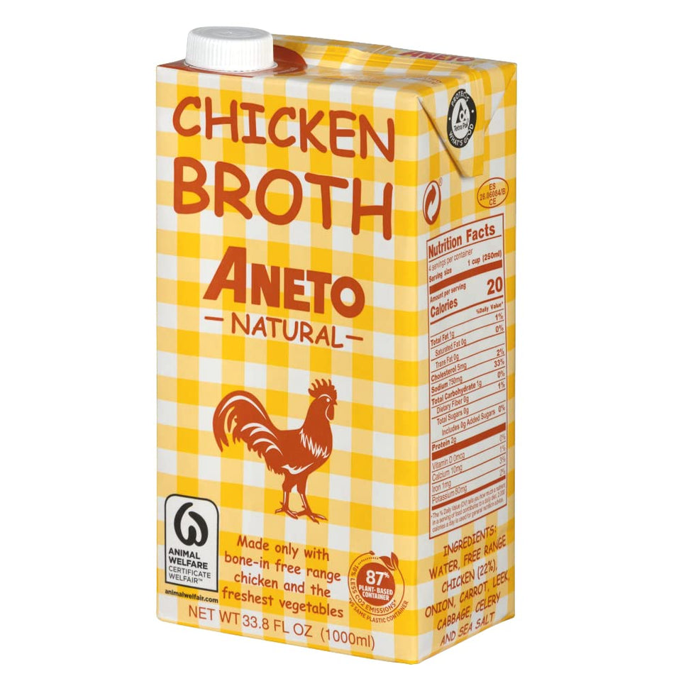 Aneto chicken broth bottle label on a six-pack highlights 100% natural ingredients