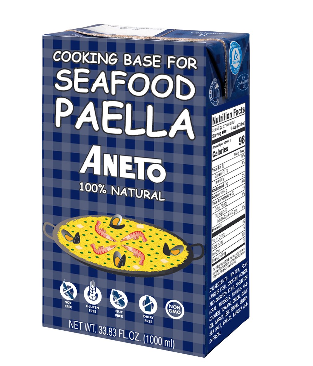 Aneto Seafood Paella Base bottle close-up highlights fresh ingredients for authentic flavor.