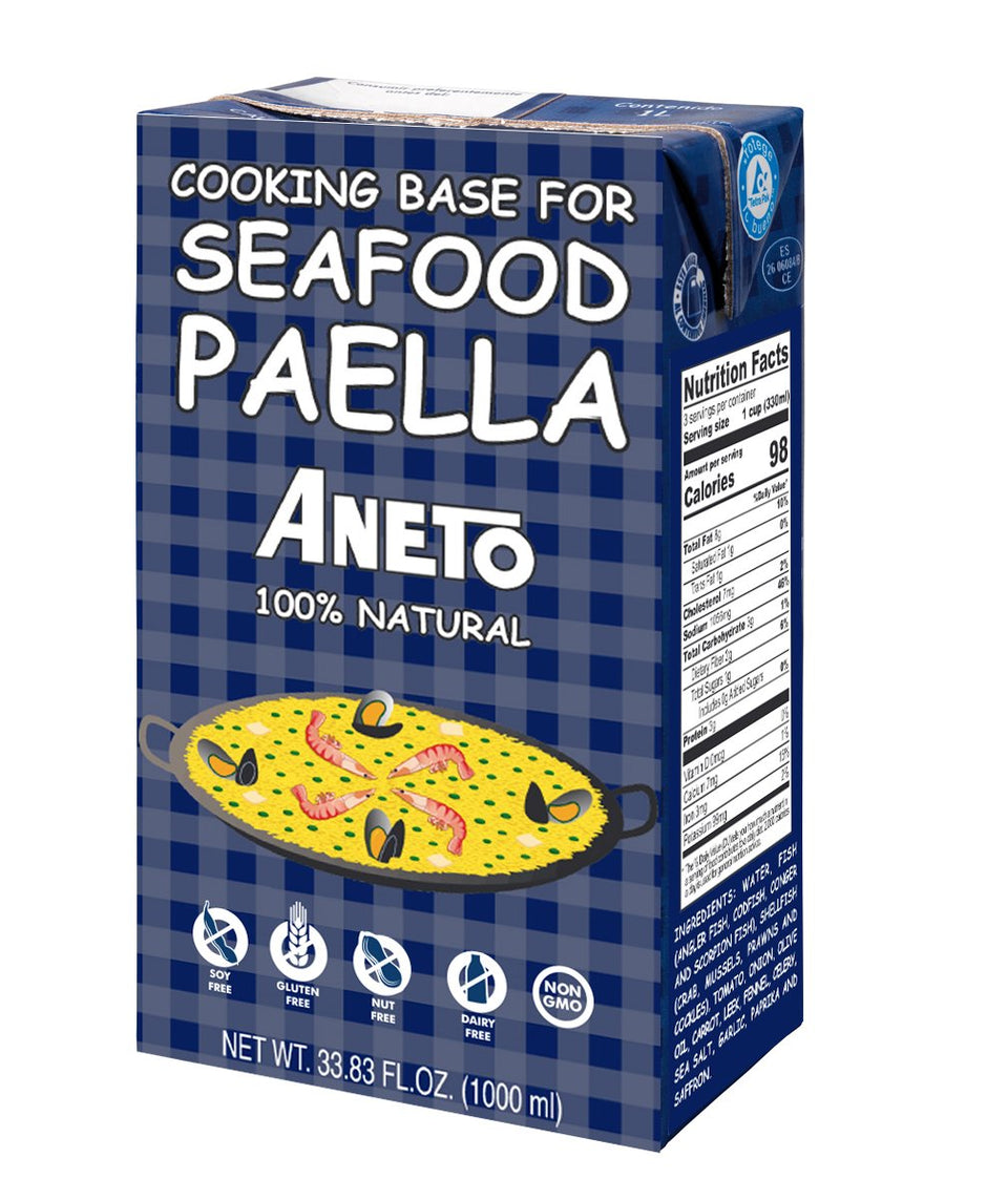 Aneto Seafood Paella Base bottle close-up highlights fresh ingredients for authentic flavor.