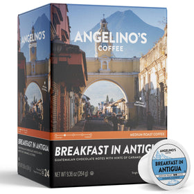 Angelino's Coffee Breakfast Antigua pods front view, smooth morning ritual.