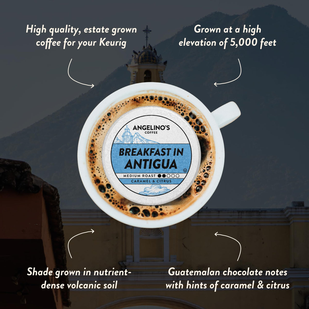 Angelino's Coffee Breakfast Antigua pods pouring into a cup for Keurig brewing.
