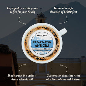 Angelino's Coffee Breakfast Antigua pods pouring into a cup for Keurig brewing.