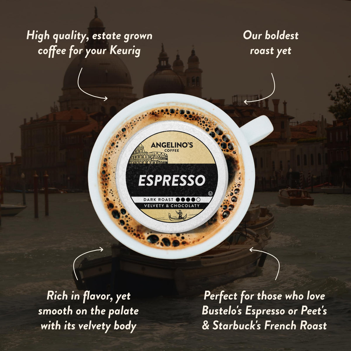 Keurig brewing Angelino's espresso pod for a concentrated shot.