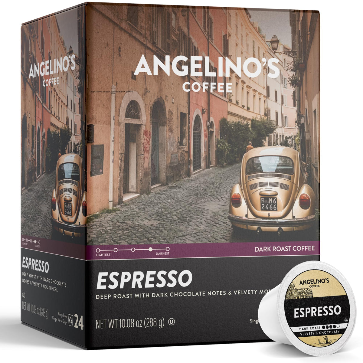 Angelino's Coffee espresso dark roast pods packaging signaling bold Italian flavor.