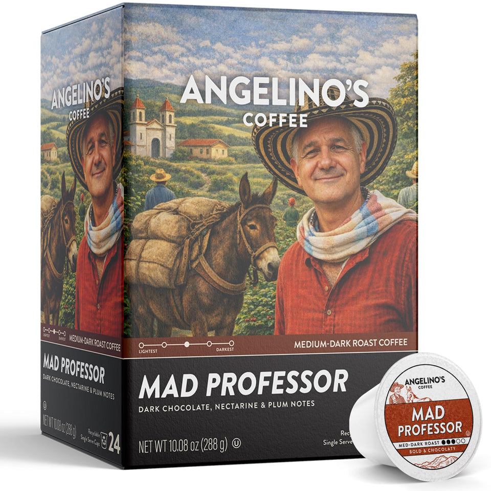 Angelino's Coffee Mad Professor Pods offer a medium-dark roast for mornings