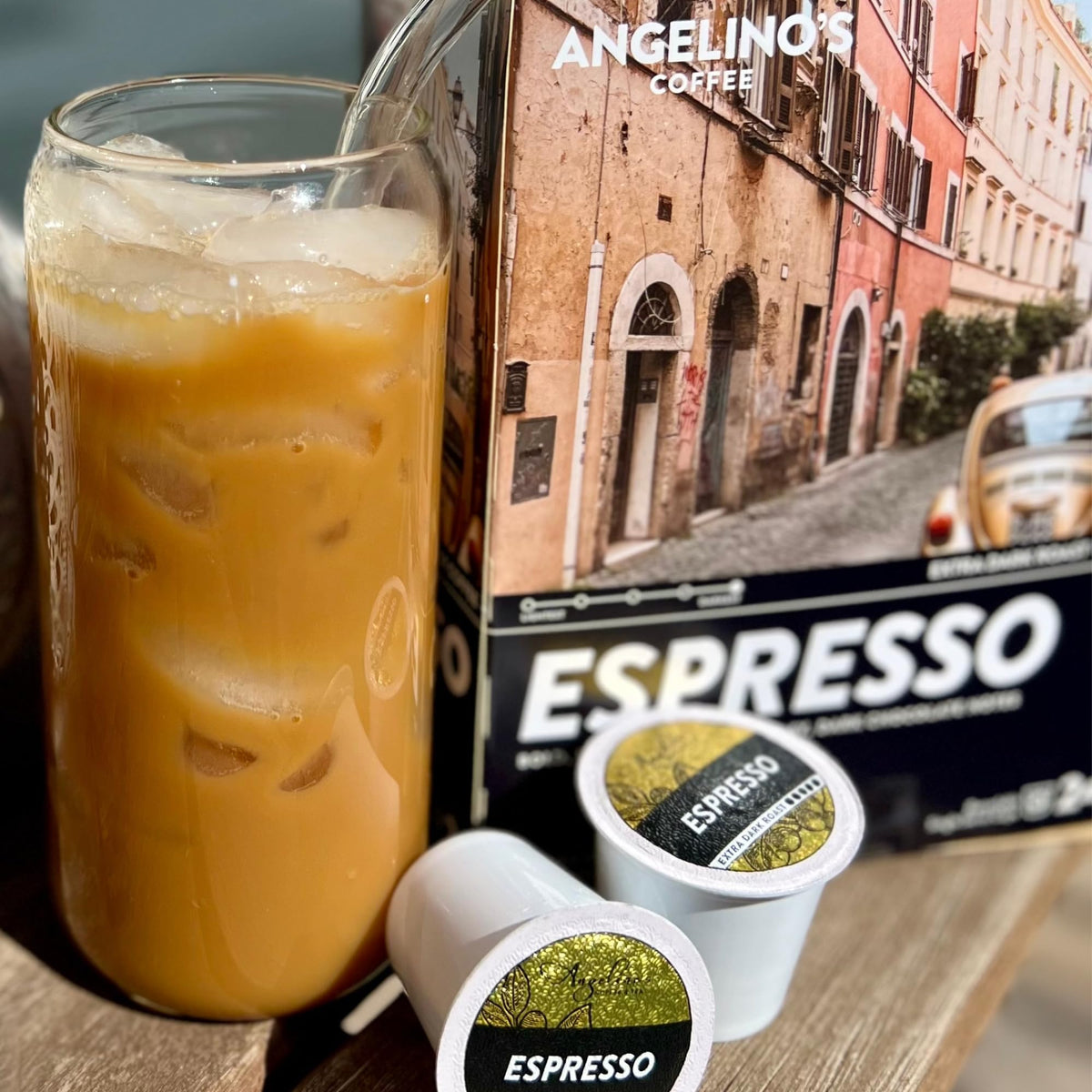 Angelino's Coffee recyclable, nitrogen-flushed pods lock in freshness.