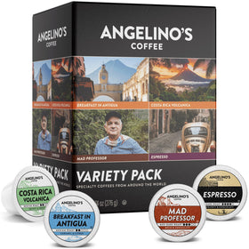 Angelino's Coffee pods variety pack front view for a world of flavor.