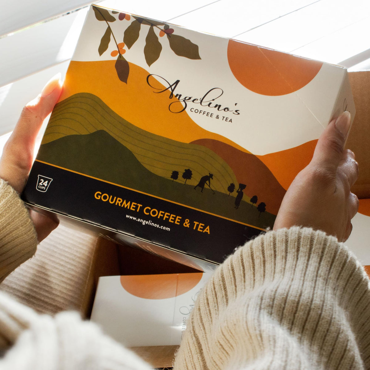 Angelino's Sumatra pods with grounds pack, ideal for pantry or office