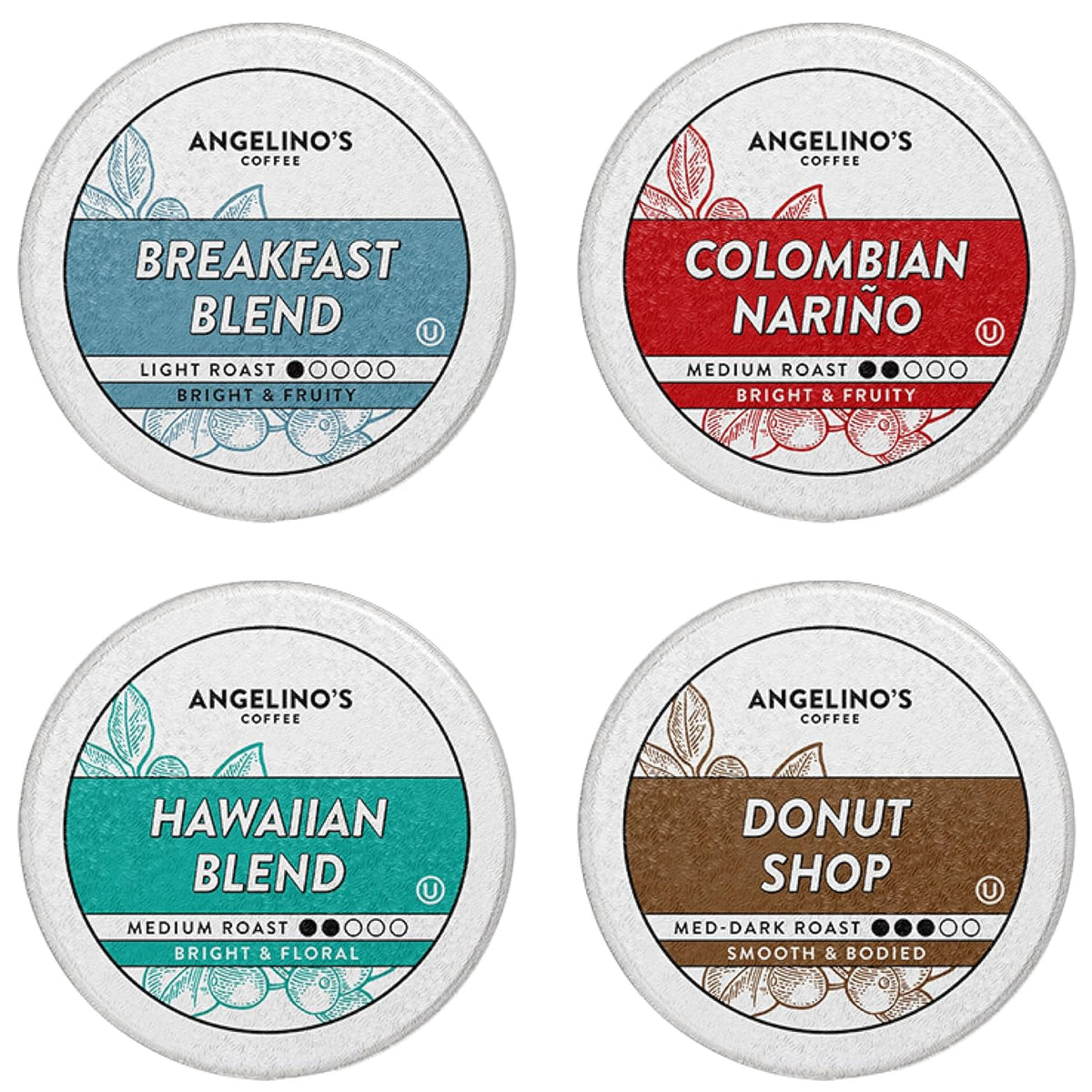 Angelino's Coffee 96-count variety pack pods, ideal for homes and offices.