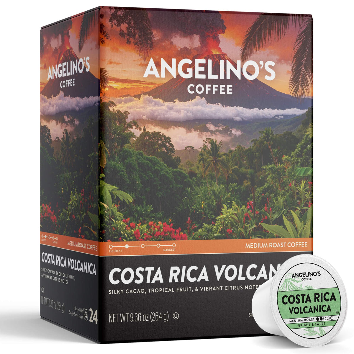 Angelino's Coffee volcanica Tarrazu pod ready in a Keurig for quick brew.